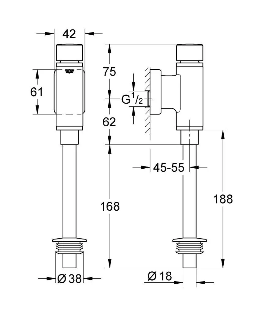 Grohe Rondo - Urinoir-drukspoeler, Chroom 37339000 2 Grohe Rondo - Urinoir-drukspoeler, Chroom 37339000 - Afbeelding 2