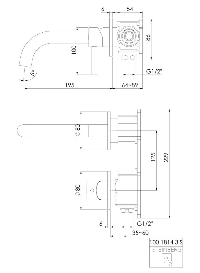 Steinberg 100 - Inbouw Wastafelkraan, 2-gats Installatie, Mat Zwart 100 1814 3 S 2 Steinberg 100 - Inbouw Wastafelkraan, 2-gats Installatie, Mat Zwart 100 1814 3 S - Afbeelding 2