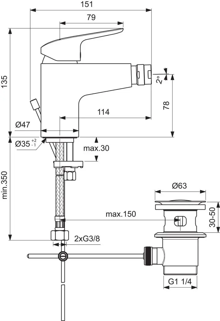 Ideal Standard CeraFlex - Eengreeps Bidetkraan Met Waste, Chroom B1718AA 2 Ideal Standard CeraFlex - Eengreeps Bidetkraan Met Waste, Chroom B1718AA - Afbeelding 2