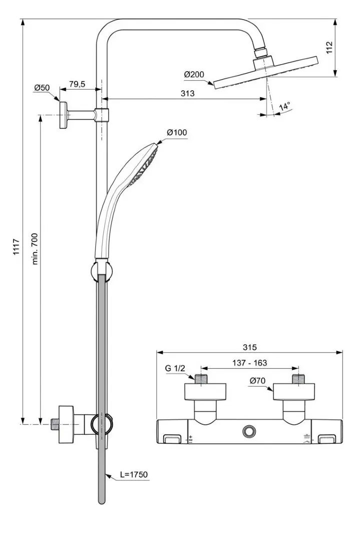Ideal Standard CeraTherm - Doucheset T25 Met Thermostaatkraan, 20 Cm, 1-jet, Zwart A7545XG 2 Ideal Standard CeraTherm - Doucheset T25 Met Thermostaatkraan, 20 Cm, 1-jet, Zwart A7545XG - Afbeelding 2