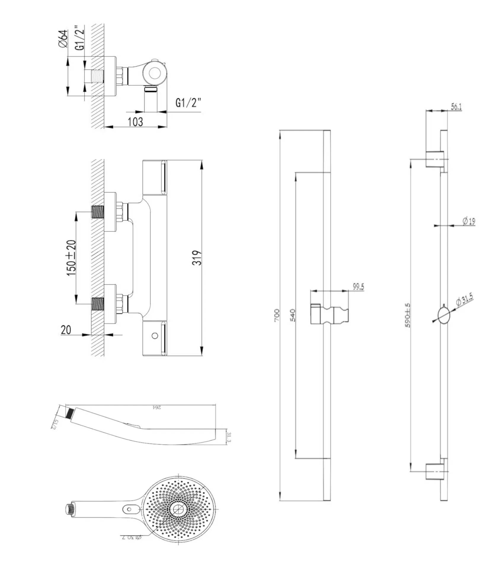 Kielle Oudee - Doucheset Met Thermostatische Kraan, Stang, Slang En Douchekop, Chroom 20602SNT10 2 Kielle Oudee - Doucheset Met Thermostatische Kraan, Stang, Slang En Douchekop, Chroom 20602SNT10 - Afbeelding 2