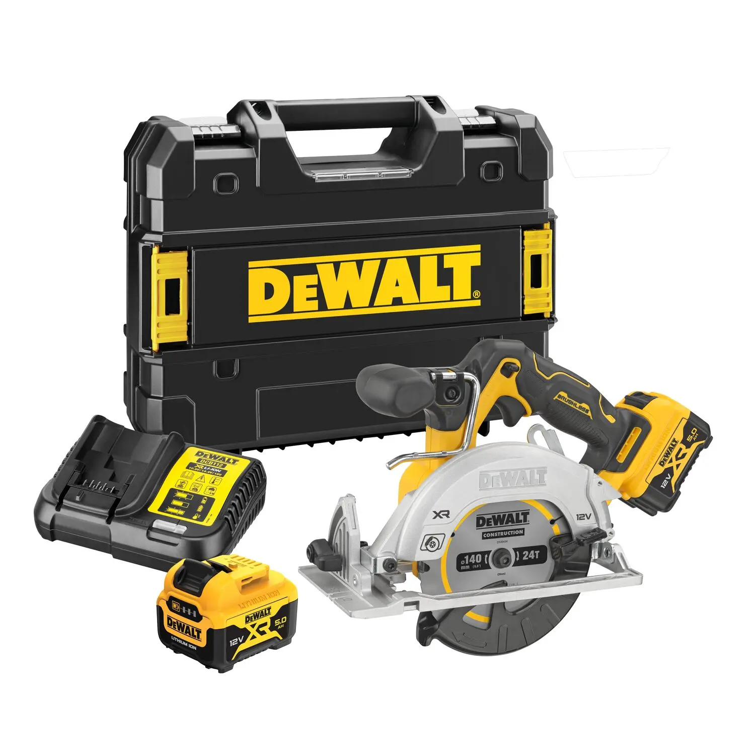 DeWALT Gereedschap - 12V ACCU Cirkelzaag 140 Mm, 2x Accu 5,0 Ah XR, Oplader DCS512P2 1 DeWALT Gereedschap - 12V ACCU Cirkelzaag 140 Mm, 2x Accu 5,0 Ah XR, Oplader DCS512P2