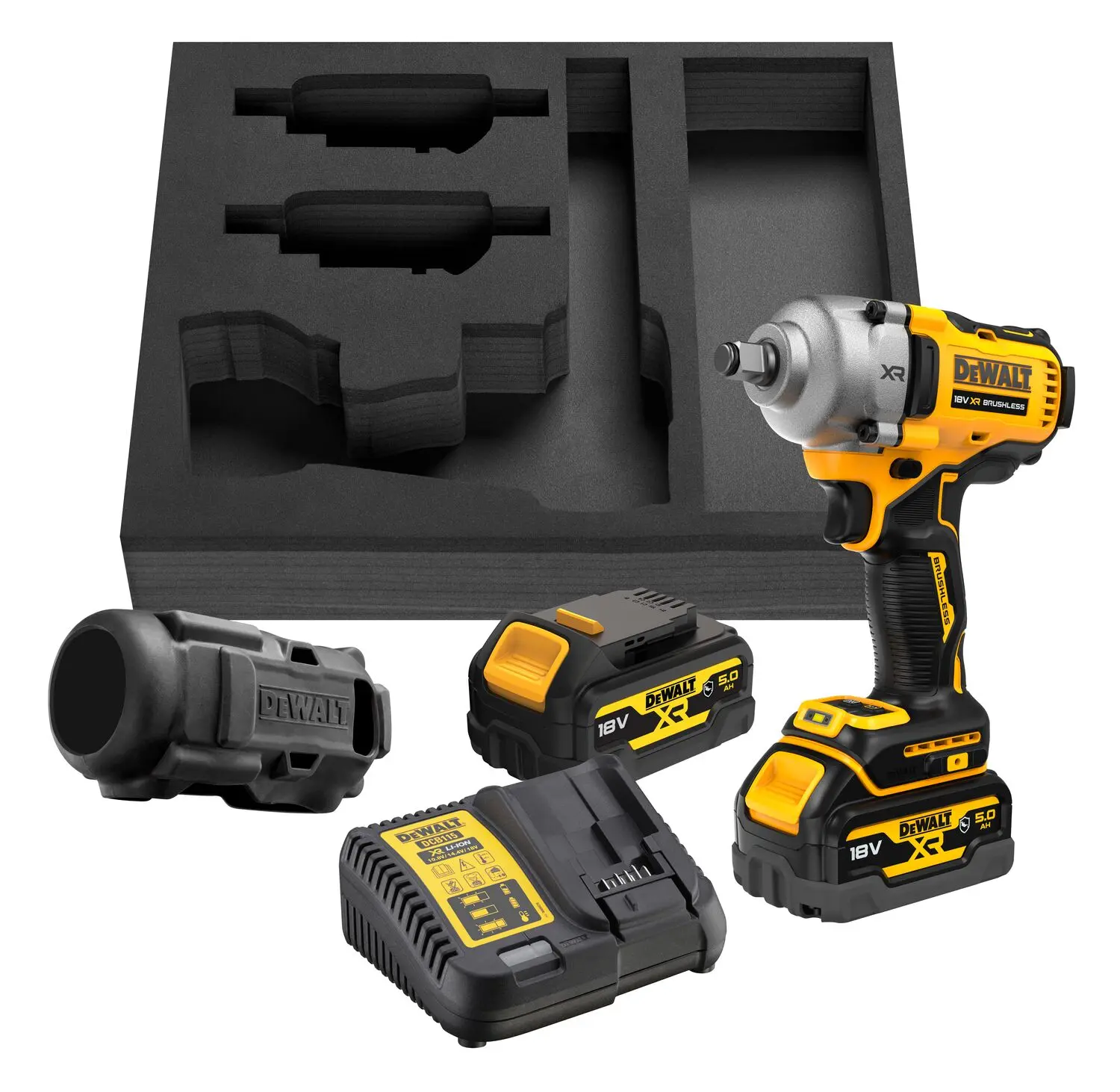 DeWALT Gereedschap - 18V ACCU Slagmoersleutel, 2x Accu 5,0 Ah XR, Rubberen Hoes, Oplader DCF891P2G 1 DeWALT Gereedschap - 18V ACCU Slagmoersleutel, 2x Accu 5,0 Ah XR, Rubberen Hoes, Oplader DCF891P2G